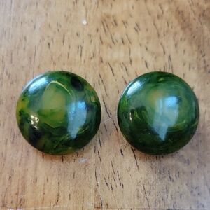 Bakelite Green Marbled Button Earrings Clip On